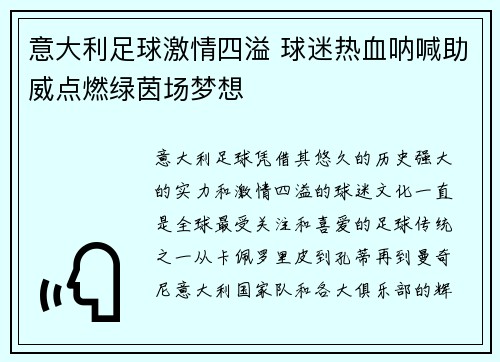 意大利足球激情四溢 球迷热血呐喊助威点燃绿茵场梦想