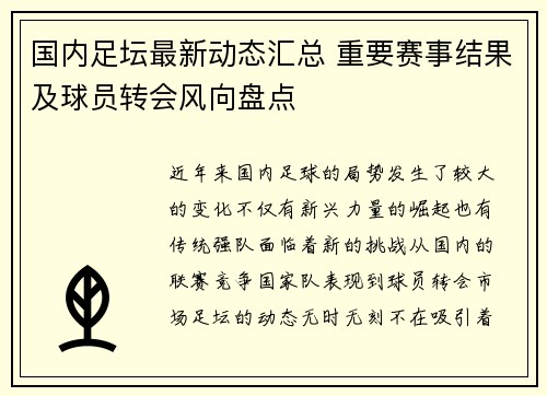国内足坛最新动态汇总 重要赛事结果及球员转会风向盘点