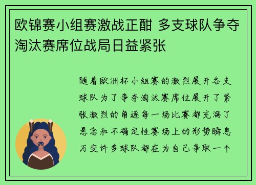 欧锦赛小组赛激战正酣 多支球队争夺淘汰赛席位战局日益紧张