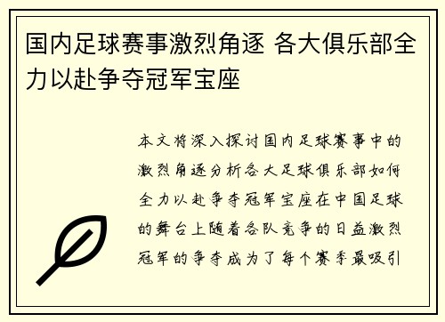 国内足球赛事激烈角逐 各大俱乐部全力以赴争夺冠军宝座