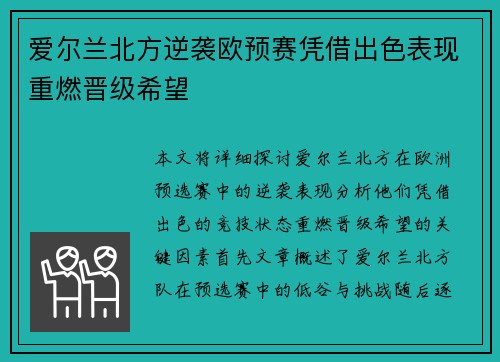 爱尔兰北方逆袭欧预赛凭借出色表现重燃晋级希望