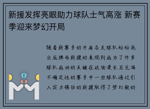 新援发挥亮眼助力球队士气高涨 新赛季迎来梦幻开局