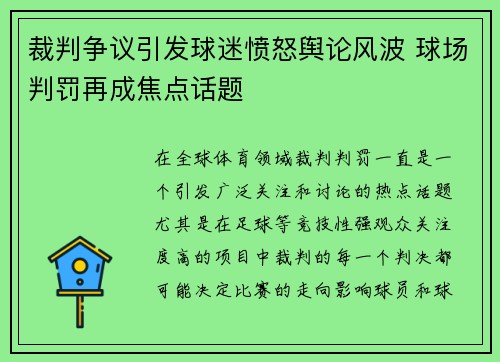 裁判争议引发球迷愤怒舆论风波 球场判罚再成焦点话题