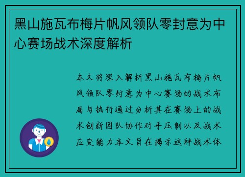 黑山施瓦布梅片帆风领队零封意为中心赛场战术深度解析