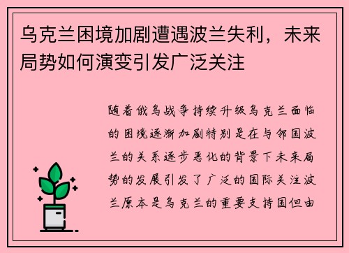 乌克兰困境加剧遭遇波兰失利，未来局势如何演变引发广泛关注