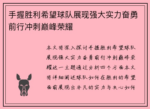 手握胜利希望球队展现强大实力奋勇前行冲刺巅峰荣耀