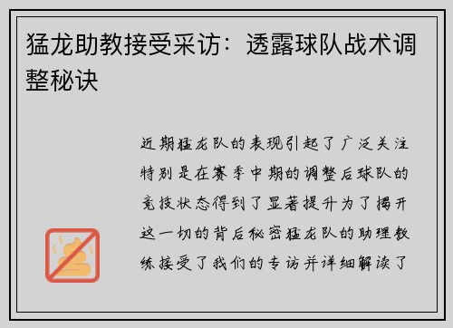 猛龙助教接受采访：透露球队战术调整秘诀