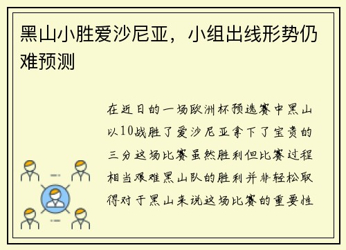 黑山小胜爱沙尼亚，小组出线形势仍难预测