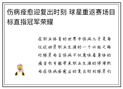 伤病痊愈迎复出时刻 球星重返赛场目标直指冠军荣耀