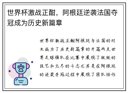 世界杯激战正酣，阿根廷逆袭法国夺冠成为历史新篇章
