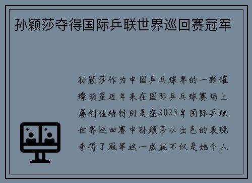 孙颖莎夺得国际乒联世界巡回赛冠军
