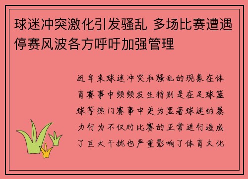 球迷冲突激化引发骚乱 多场比赛遭遇停赛风波各方呼吁加强管理